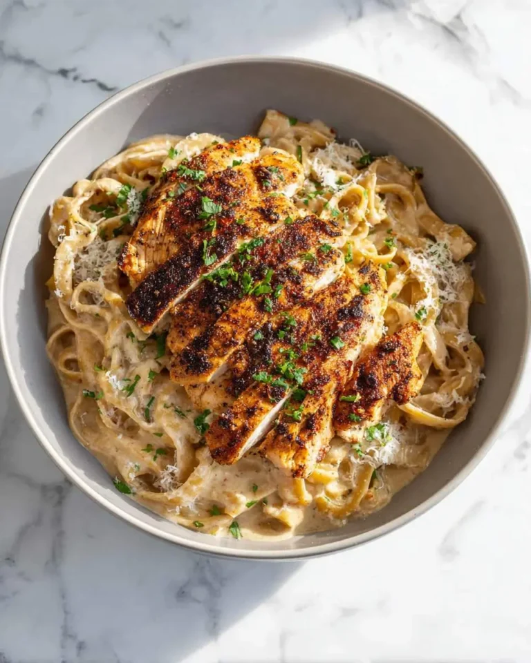 A close-up shot of a grey bowl filled with creamy fettuccine and perfectly cooked blackened chicken Alfredo, garnished with fresh parsley.