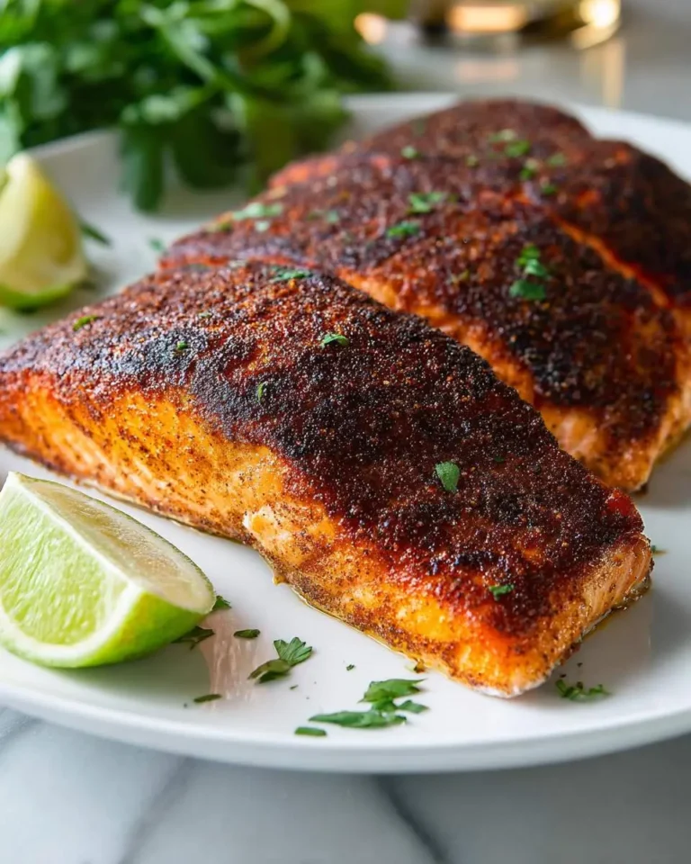 Two perfectly cooked fillets of blackened salmon on a white plate with fresh lime wedges and parsley.