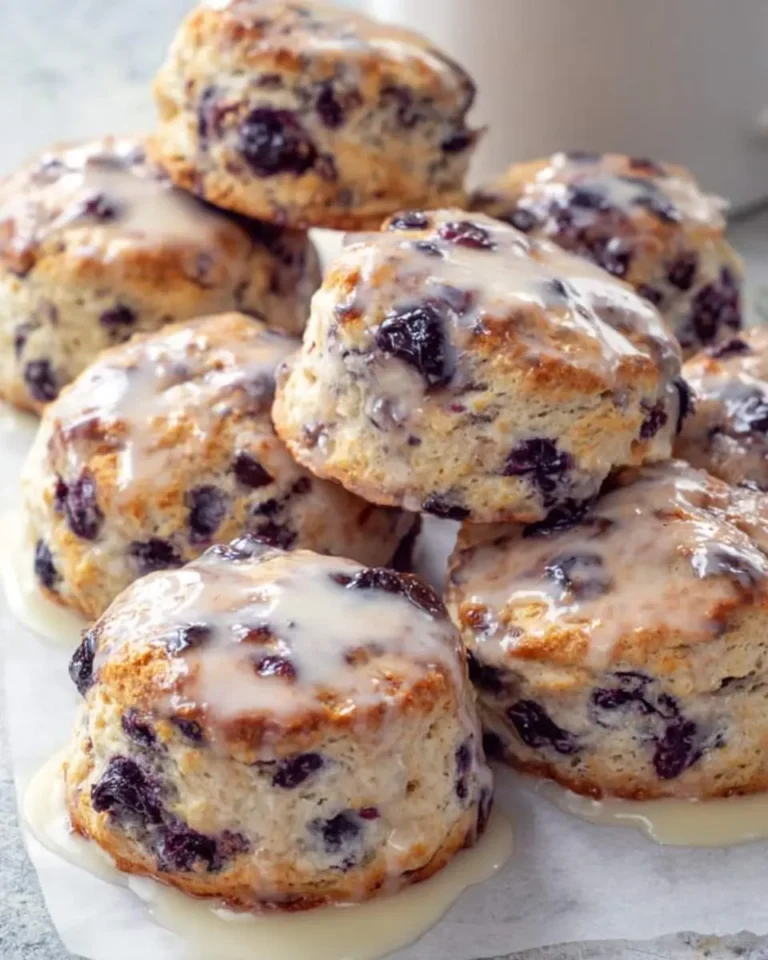 A close-up shot of several homemade blueberry biscuits drizzled generously with a sweet white glaze, stacked on white parchment paper.