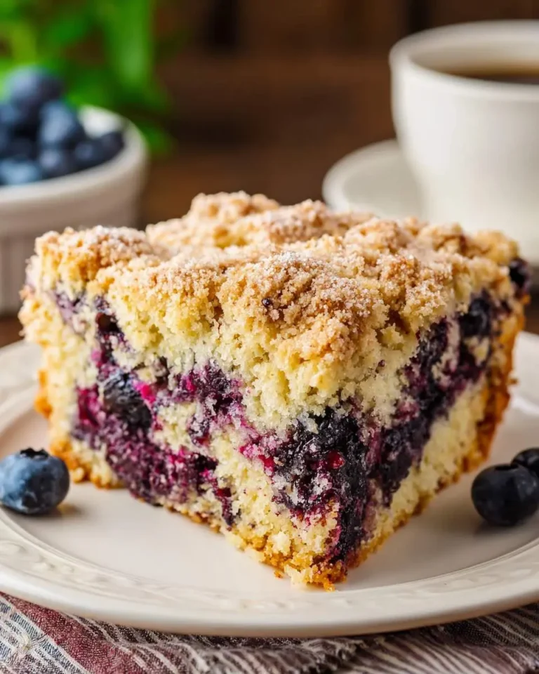 A delicious slice of blueberry buckle with a crumbly topping, served on a white plate with fresh blueberries and coffee.