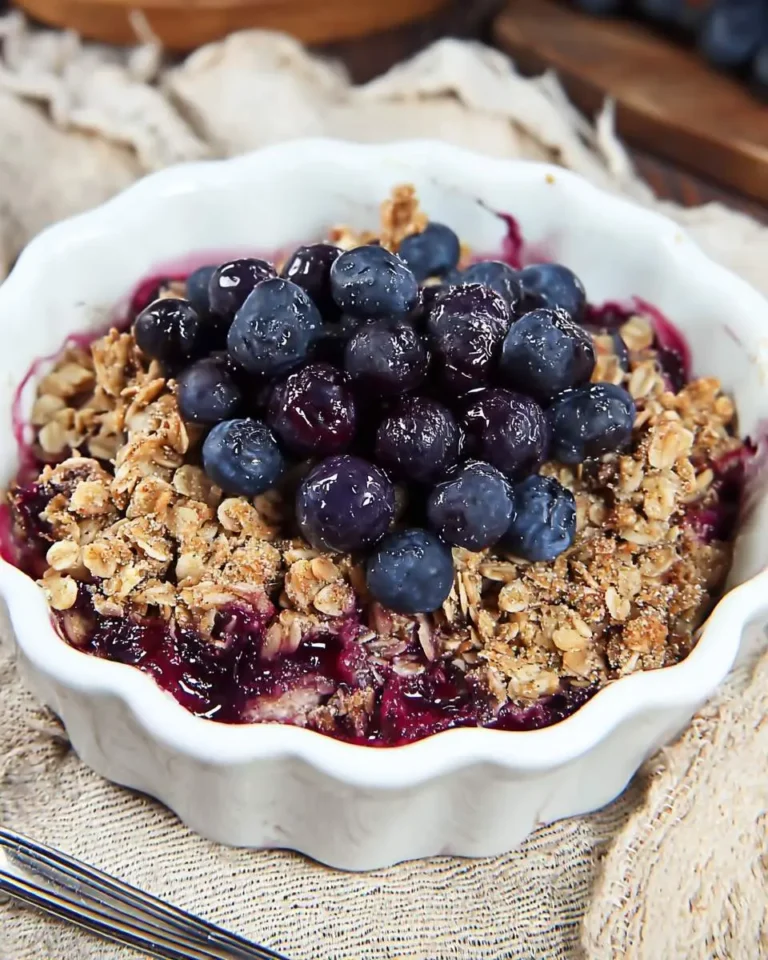 A delectable homemade blueberry crisp with a golden oat topping, served in a white fluted dish and garnished with fresh blueberries.