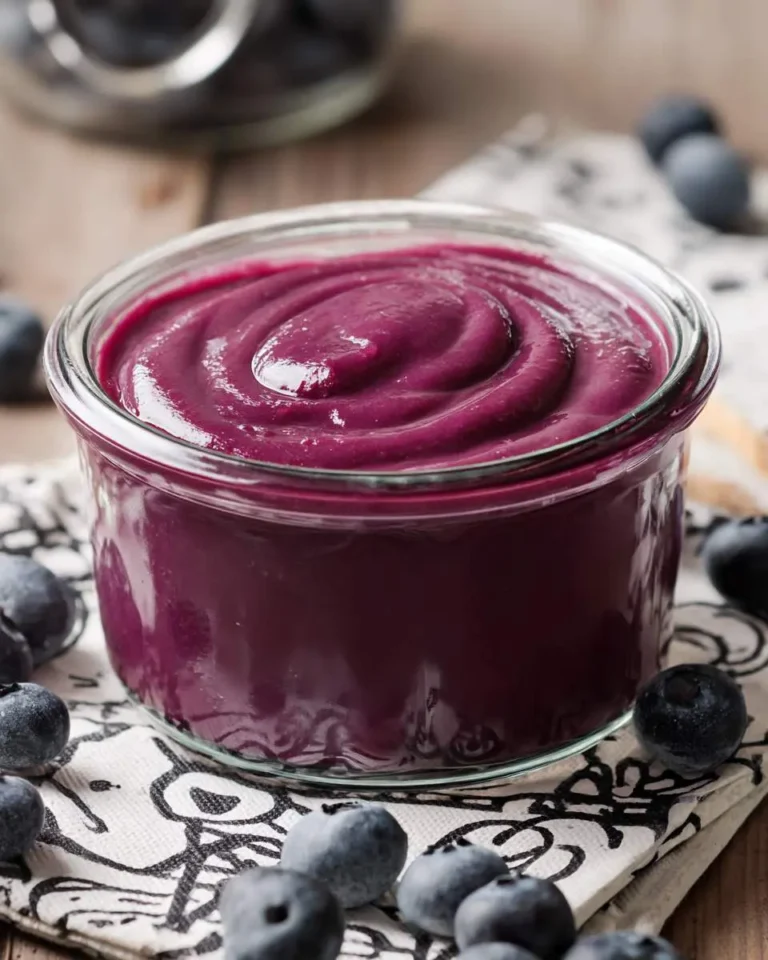 A vibrant purple blueberry curd in a glass jar, surrounded by fresh blueberries on a patterned cloth, ready to be enjoyed.