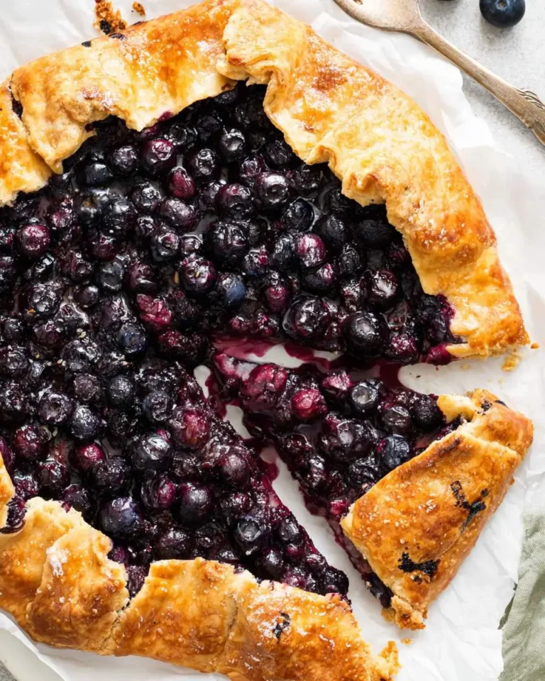 A delicious, golden-crusted blueberry galette with a slice removed, revealing juicy purple berries.