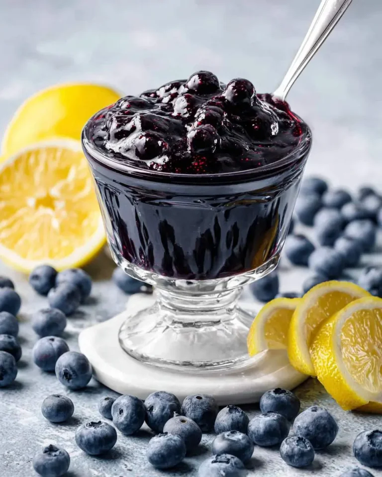 A close-up of a glass bowl filled with rich, dark blueberry lemon jam, surrounded by fresh blueberries and lemon slices.