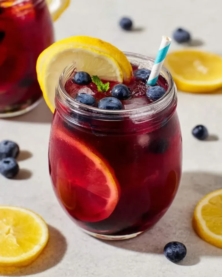 A vibrant glass of refreshing Blueberry Lemonade, garnished with fresh blueberries, lemon slices, and a straw.