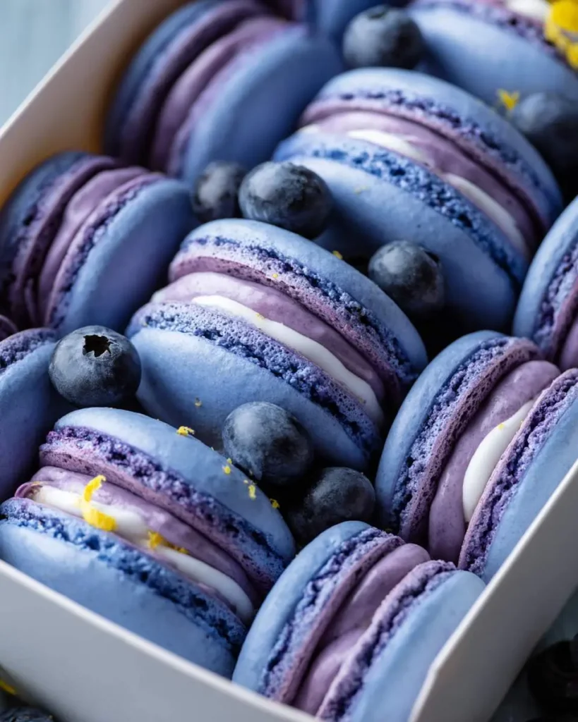 A white box filled with vibrant blue and purple Blueberry Lemonade Macarons, garnished with fresh blueberries and yellow lemon zest.