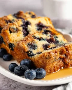 A close-up of delicious slices of Blueberry Pancake Bread on a white plate, garnished with fresh blueberries and syrup.