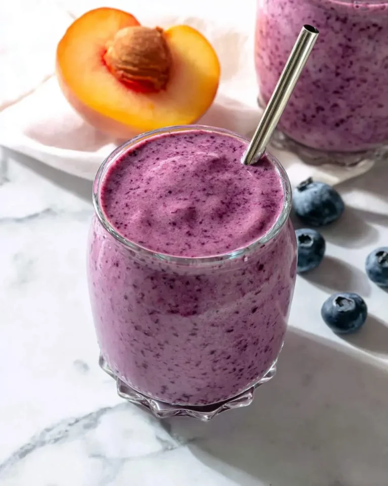 A refreshing Blueberry Peach Smoothie in a glass with a metal straw, next to a halved peach and fresh blueberries on marble.