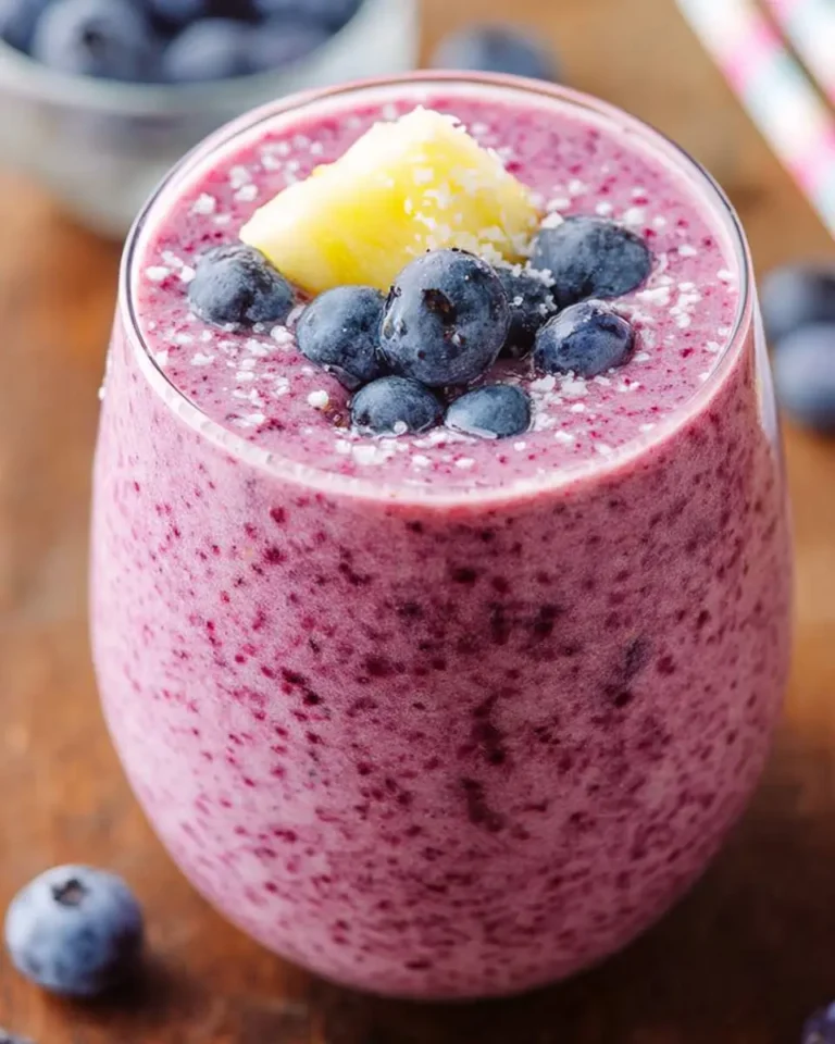 A vibrant Blueberry Pineapple Smoothie in a clear glass, topped with fresh blueberries, a pineapple chunk, and coconut flakes.