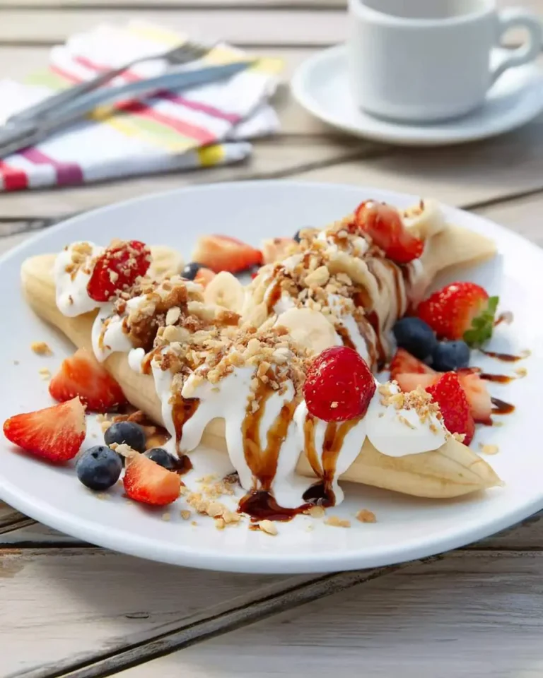 A delightful Breakfast Banana Split on a white plate, garnished with whipped cream, fresh berries, chopped nuts, and a syrup drizzle.
