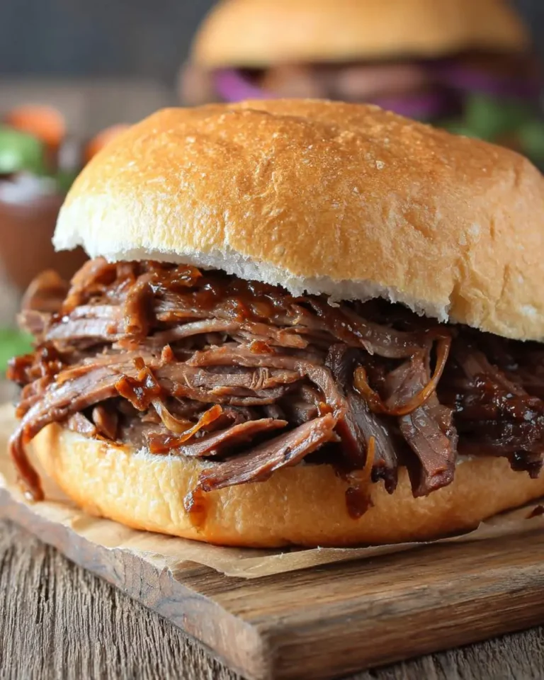 Close-up of a juicy brisket sandwich overflowing with shredded meat and savory sauce on a rustic wooden board.