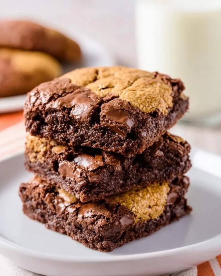 A stack of three delicious chocolate brookie bars, featuring rich brownie and chewy cookie layers with visible chocolate chips, sits on a white plate.