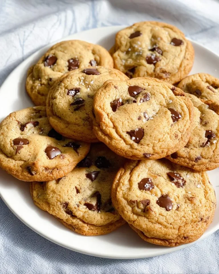 A white plate stacked with golden brown butter chocolate chip cookies topped with flaky sea salt.