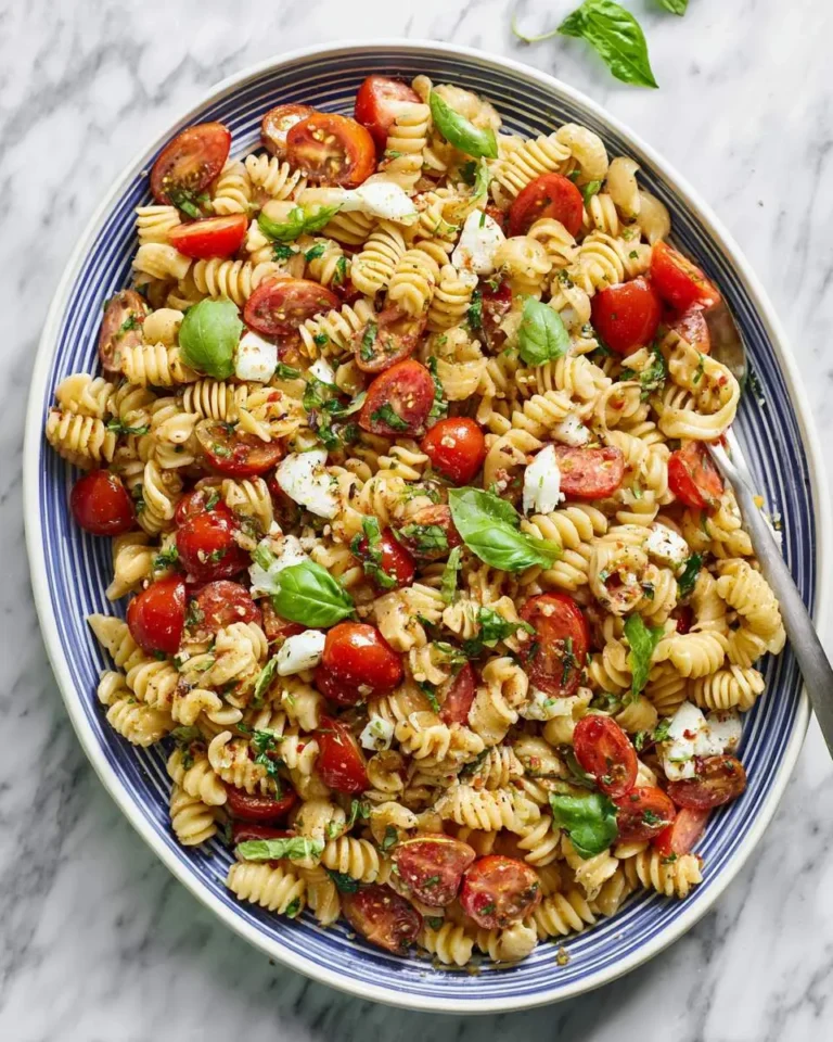 Bruschetta pasta salad with rotini, cherry tomatoes, fresh basil, and mozzarella in a blue striped bowl.