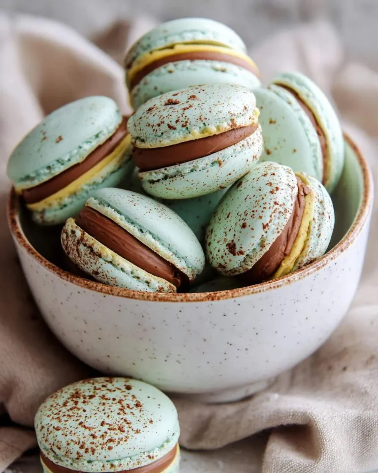 A white speckled bowl overflows with light blue Cadbury Egg Macarons, some filled with chocolate and yellow cream, on a beige cloth.