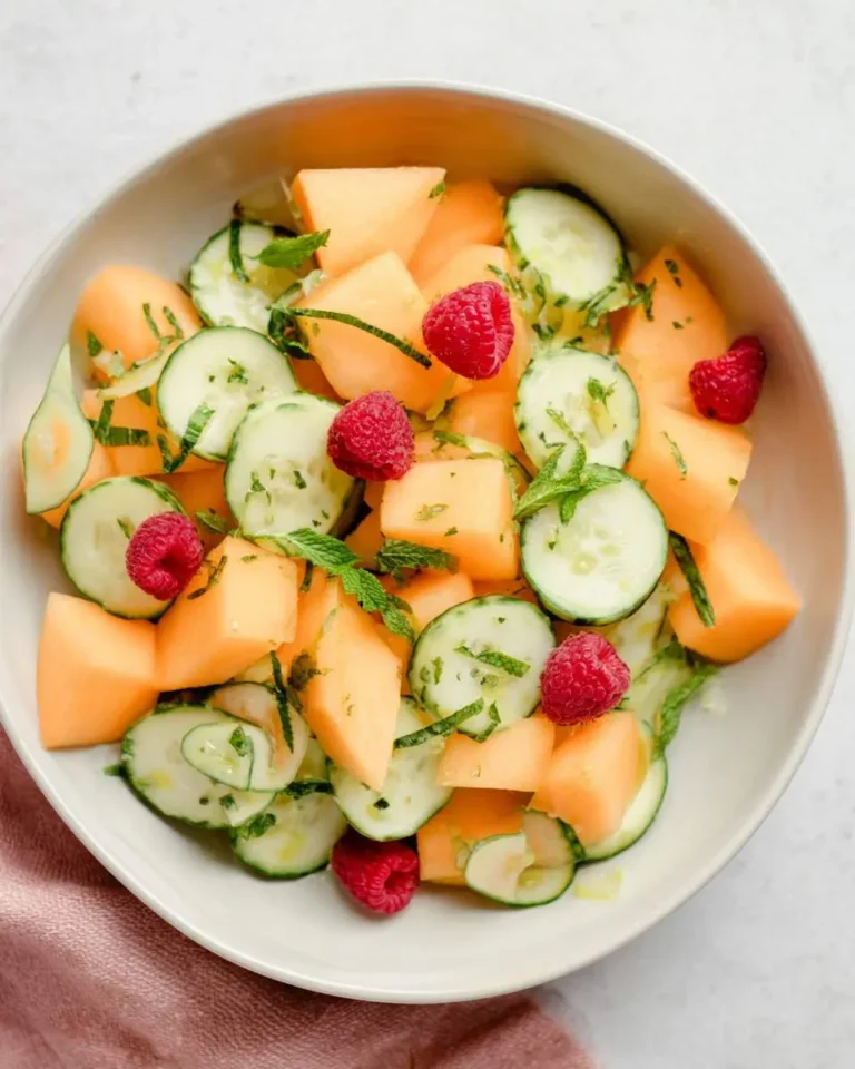 A refreshing Cantaloupe Salad with Honey Lemon, featuring diced cantaloupe, cucumber slices, fresh raspberries, and mint in a white bowl.