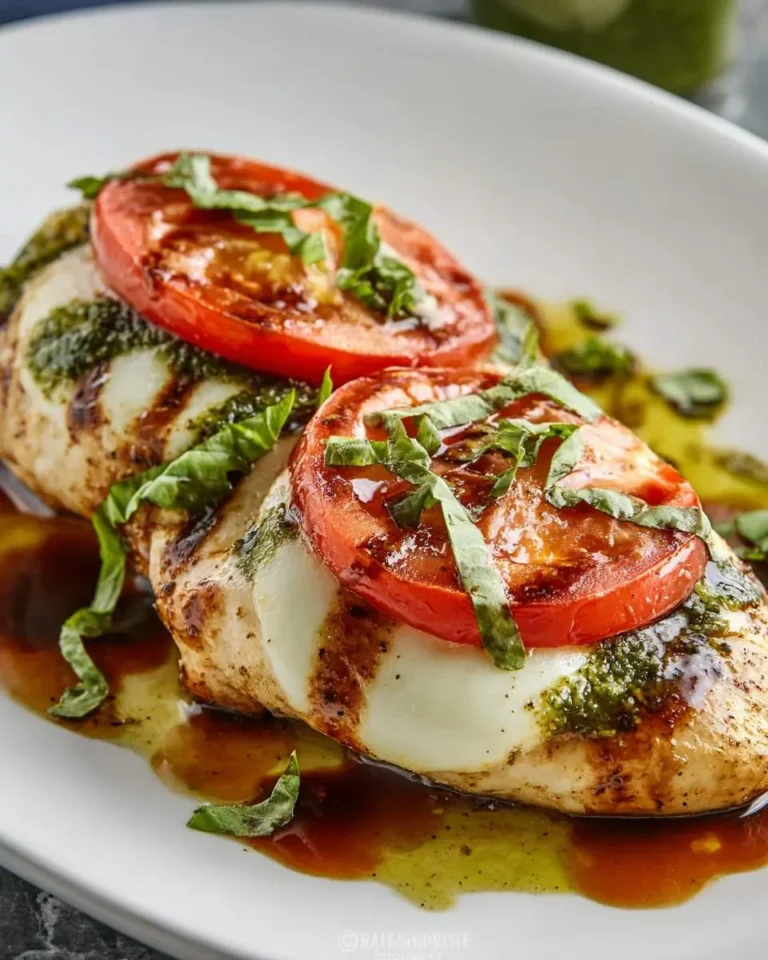Grilled Caprese Chicken topped with fresh mozzarella, tomato slices, basil, and balsamic glaze on a white plate.