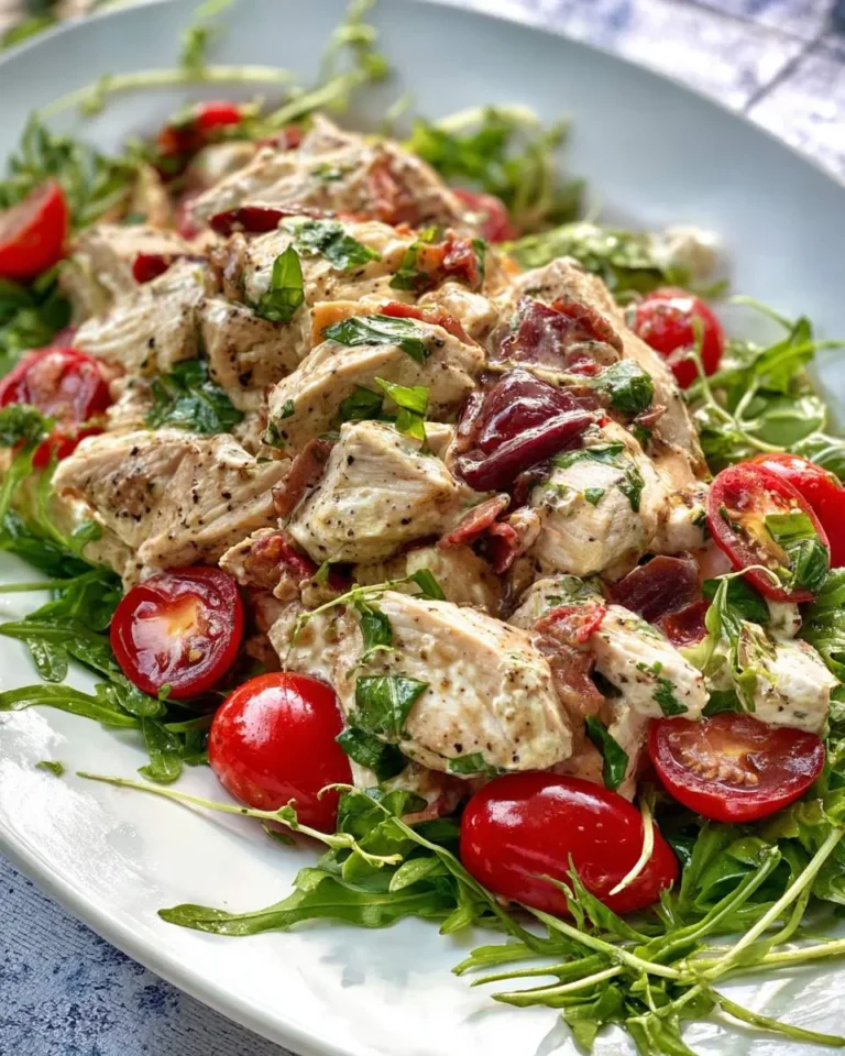 A close-up of a delicious Caprese Chicken Salad featuring chicken, fresh basil, cherry tomatoes, and arugula on a white platter.
