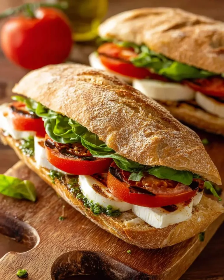 Close-up of a delicious Caprese sandwich on a baguette with fresh mozzarella, grilled tomatoes, basil, and pesto on a wooden board.
