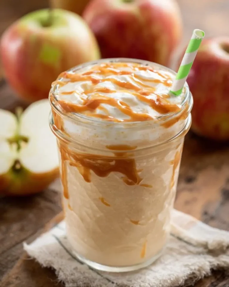 A delicious Caramel Apple Smoothie in a glass jar, topped with whipped cream and caramel drizzle, with fresh apples in the background.
