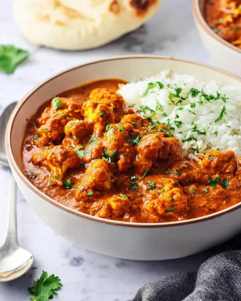 A creamy, orange Cauliflower Tikka Masala served with fluffy white rice and garnished with fresh cilantro in a white bowl, with naan bread in the background.