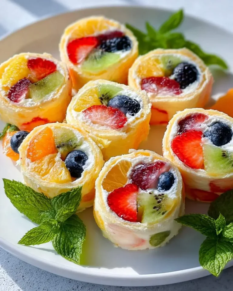 A vibrant plate displays several delicious Cheesecake Fruit Roll-Ups filled with fresh strawberries, kiwi, blueberries, and oranges.