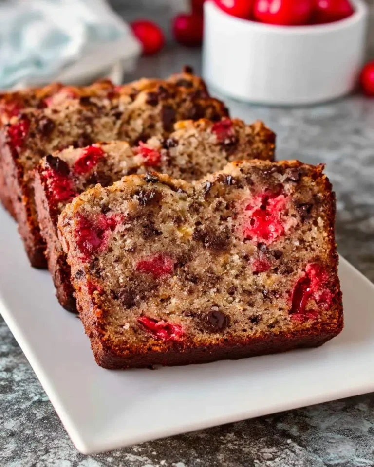Slices of moist Cherry Banana Bread, speckled with red cherries and chocolate chips, arranged on a white plate.