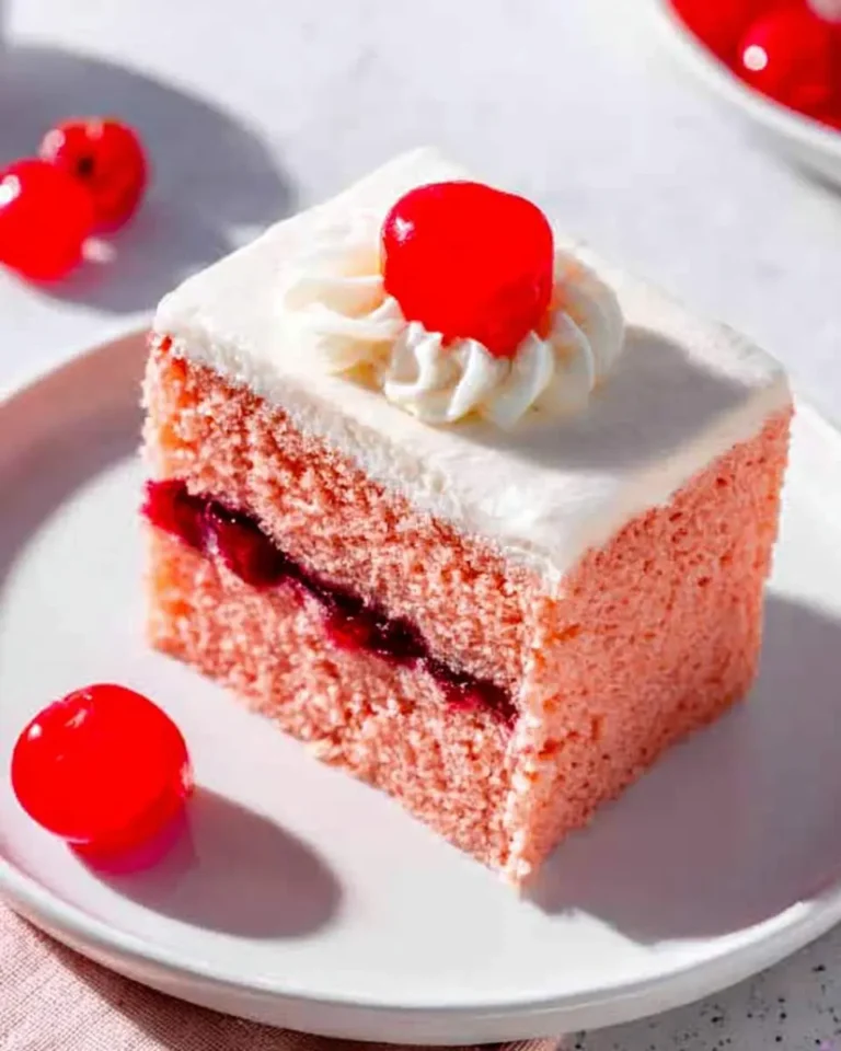 A delightful slice of pink cherry cake with white frosting, a red cherry on top, and cherry filling, served on a white plate.