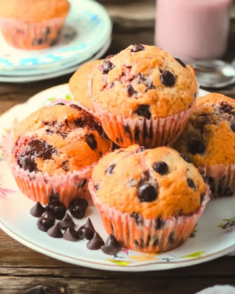 A plate piled high with delicious golden-brown Cherry Chocolate Chip Muffins and scattered chocolate chips.