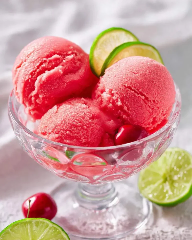 Three scoops of vibrant pink Cherry Limeade Sorbet in a glass bowl, garnished with fresh lime slices and red cherries.