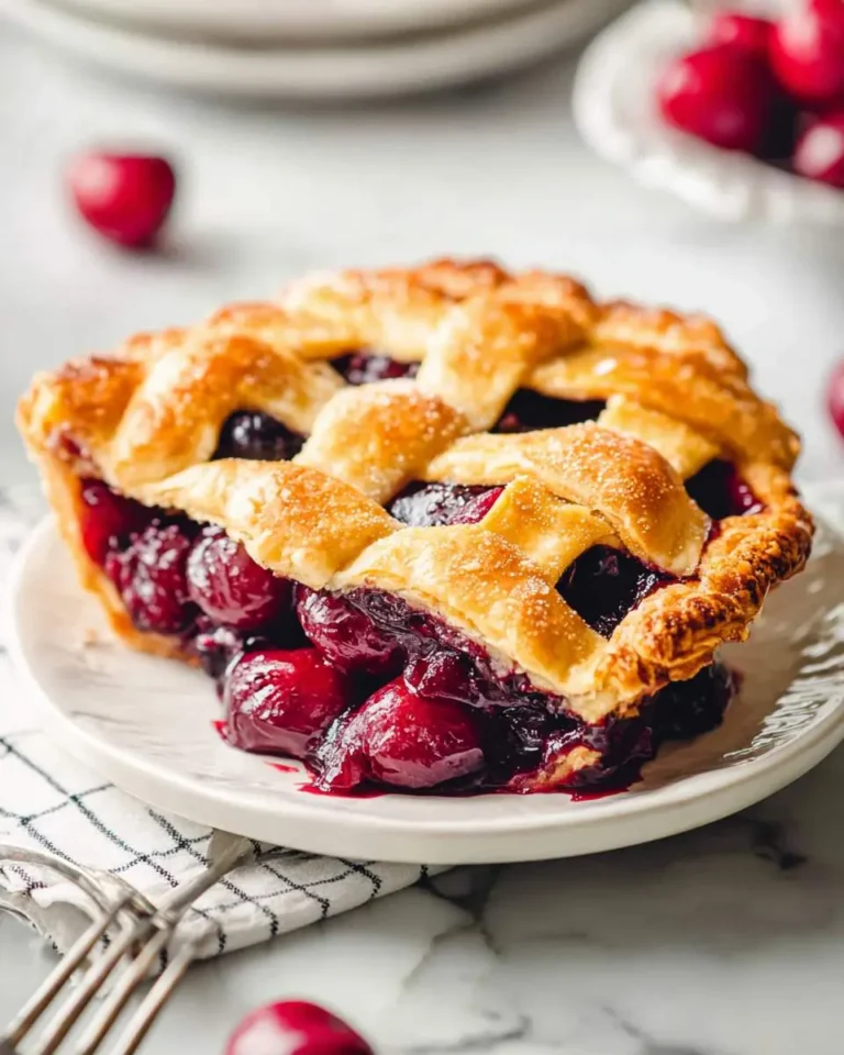 A delicious slice of cherry pie with a golden lattice crust, overflowing with sweet, tart cherries, served on a white plate.