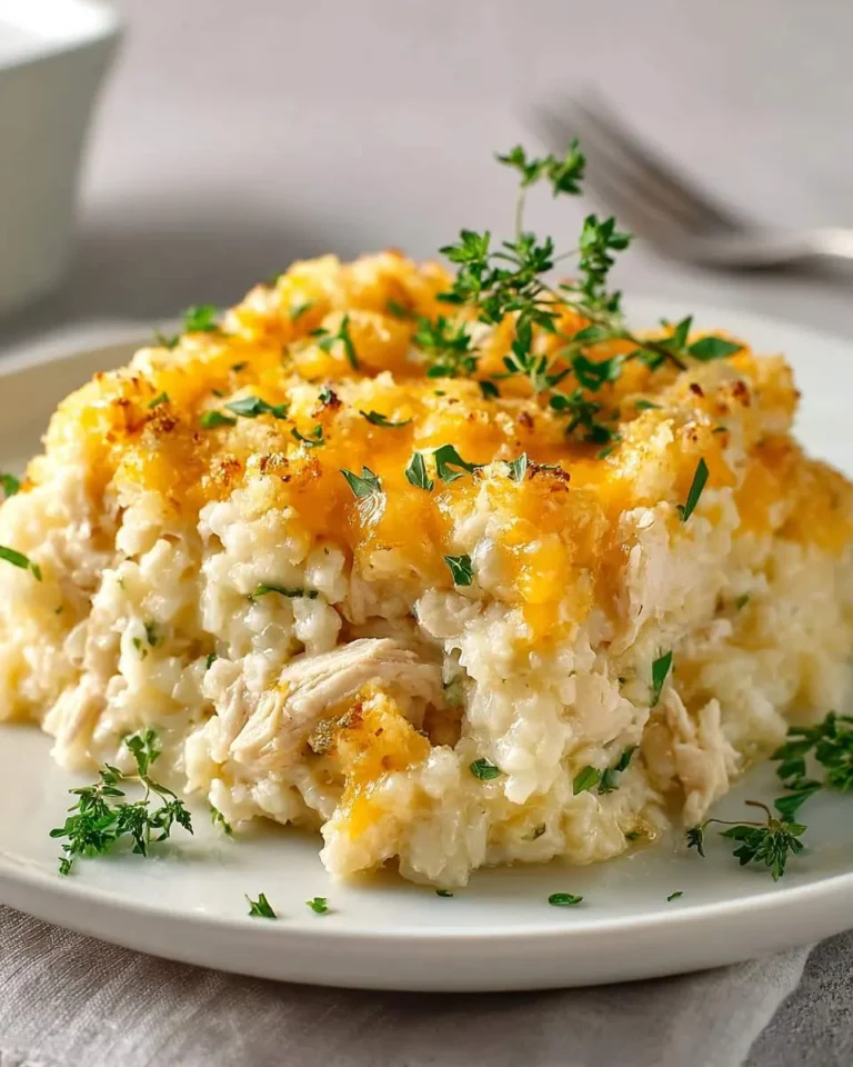 A close-up of a creamy Chicken cauliflower rice casserole topped with golden melted cheese, crispy breadcrumbs, and fresh thyme.