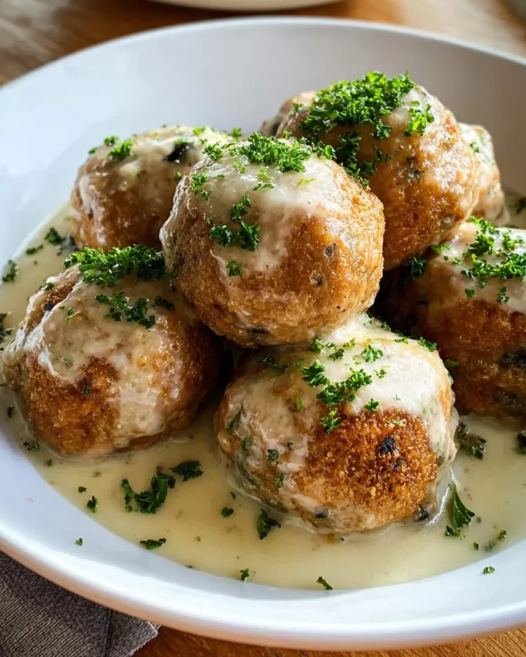 A close-up of delicious Chicken Cordon Bleu Meatballs served in a white bowl, smothered in creamy sauce and fresh parsley.