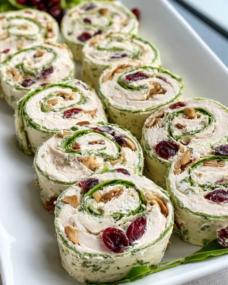 A close-up shot of several Chicken Cranberry Salad Pinwheels arranged neatly on a white rectangular platter, ready to serve.