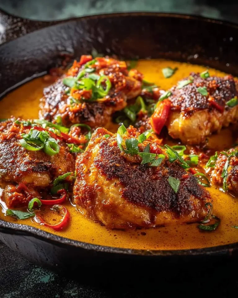 Close-up of richly seared Chicken Diablo pieces simmering in a vibrant orange sauce, garnished with fresh green onions and red peppers in a rustic cast iron pan.