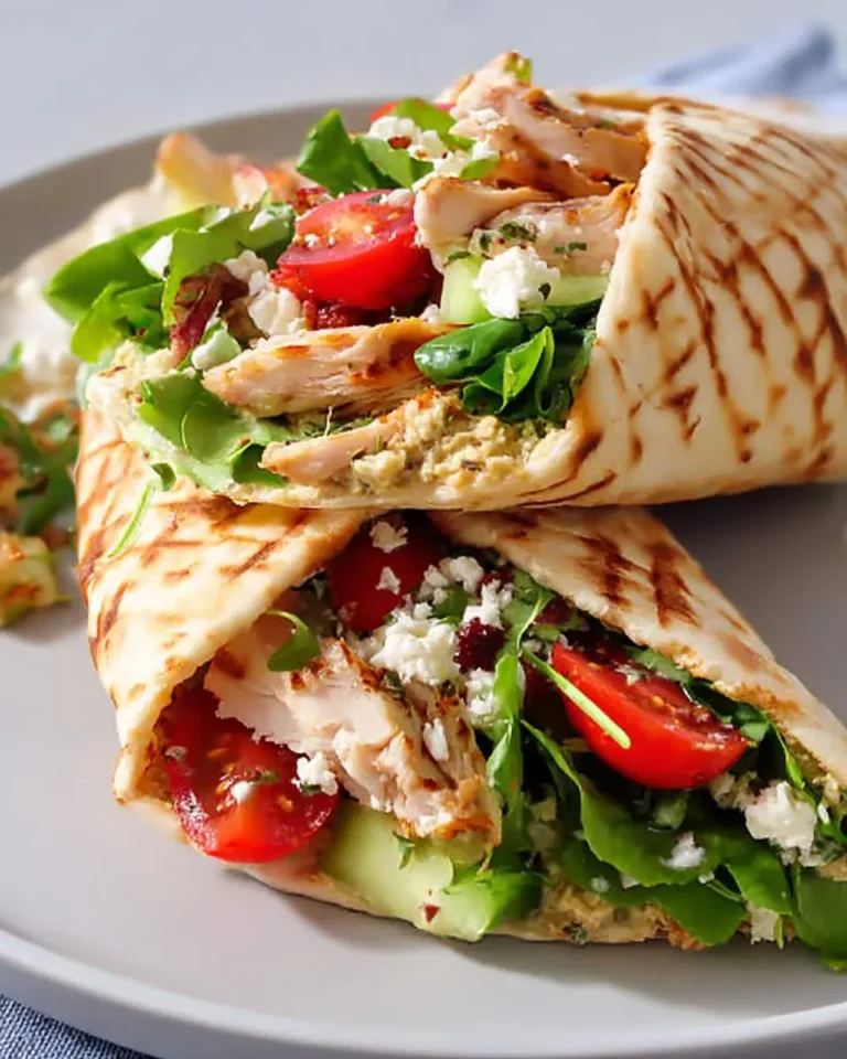 Two delicious chicken hummus naan wraps filled with grilled chicken, creamy hummus, fresh tomatoes, cucumbers, and feta.