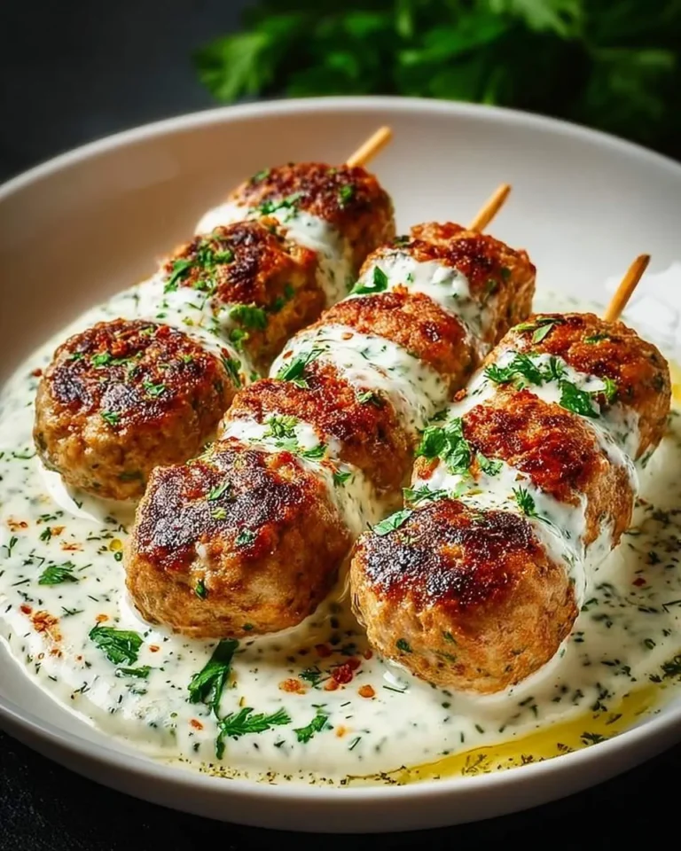 Close-up of three skewers of juicy Chicken Kofta with Garlic Yogurt Sauce, garnished with fresh herbs in a white bowl.