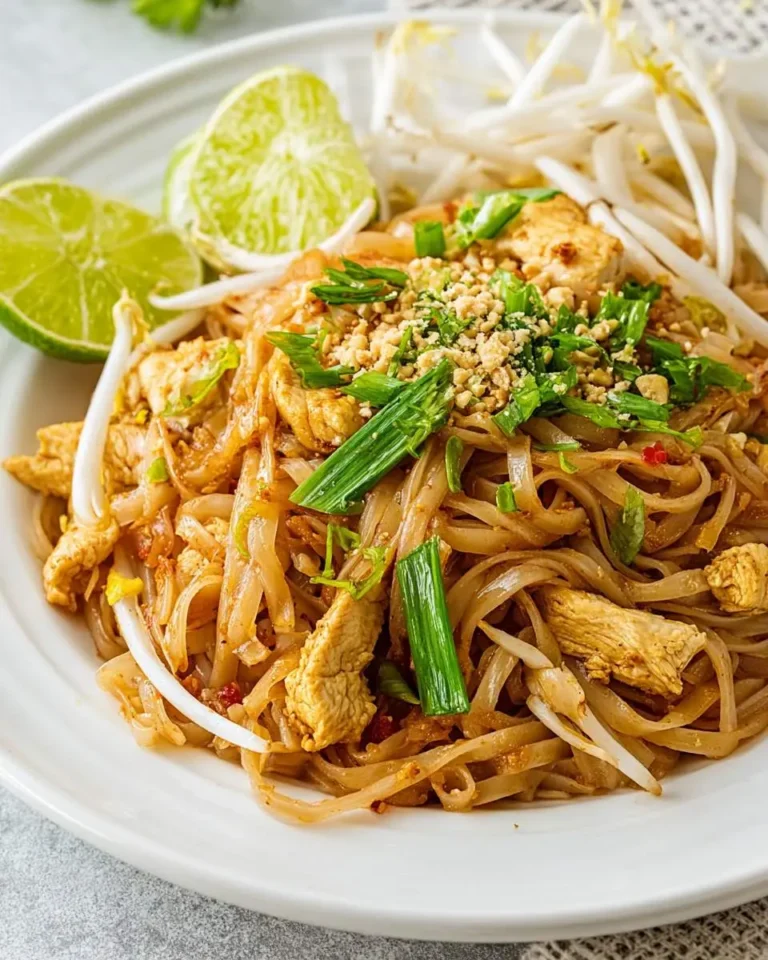 A vibrant plate of Chicken Pad Thai with rice noodles, tender chicken pieces, bean sprouts, green onions, crushed peanuts, and fresh lime wedges.