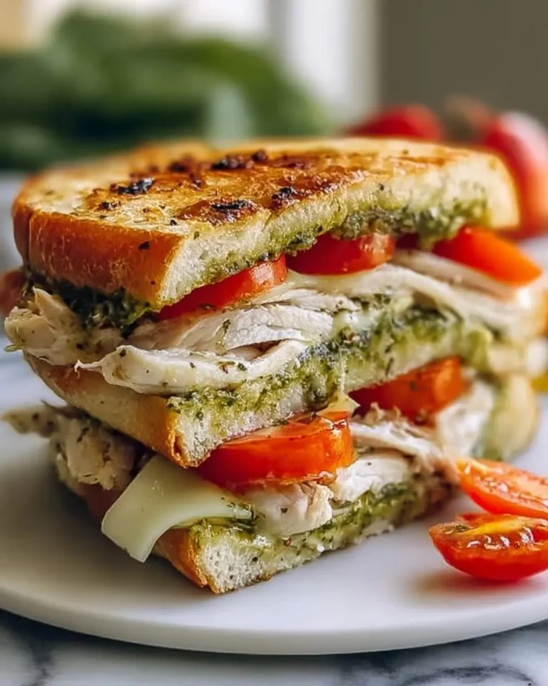 A delicious grilled chicken pesto sandwich, cut in half, revealing melted cheese, fresh tomatoes, and vibrant basil pesto.
