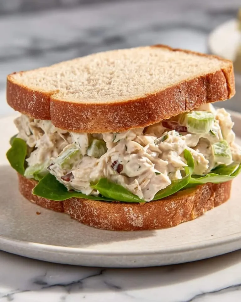 A delicious chicken salad sandwich made with creamy chicken salad, crisp celery, and fresh lettuce on whole wheat bread.