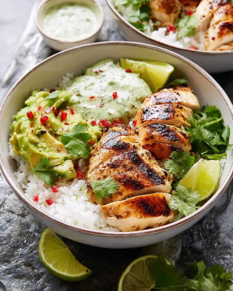 A close-up of a delicious Chili Lime Chicken Bowl featuring grilled chicken, avocado, rice, and fresh lime wedges.