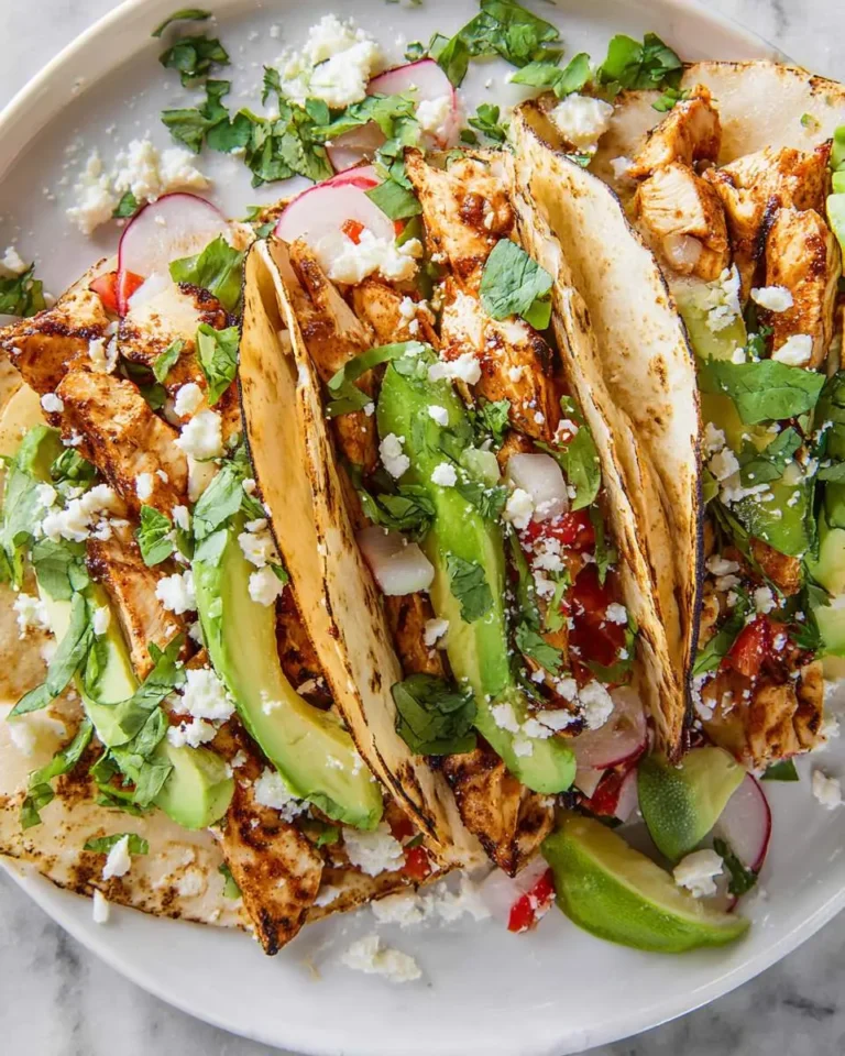 Three chili lime chicken tacos on a white plate topped with avocado, cilantro, radish, and crumbled cheese.