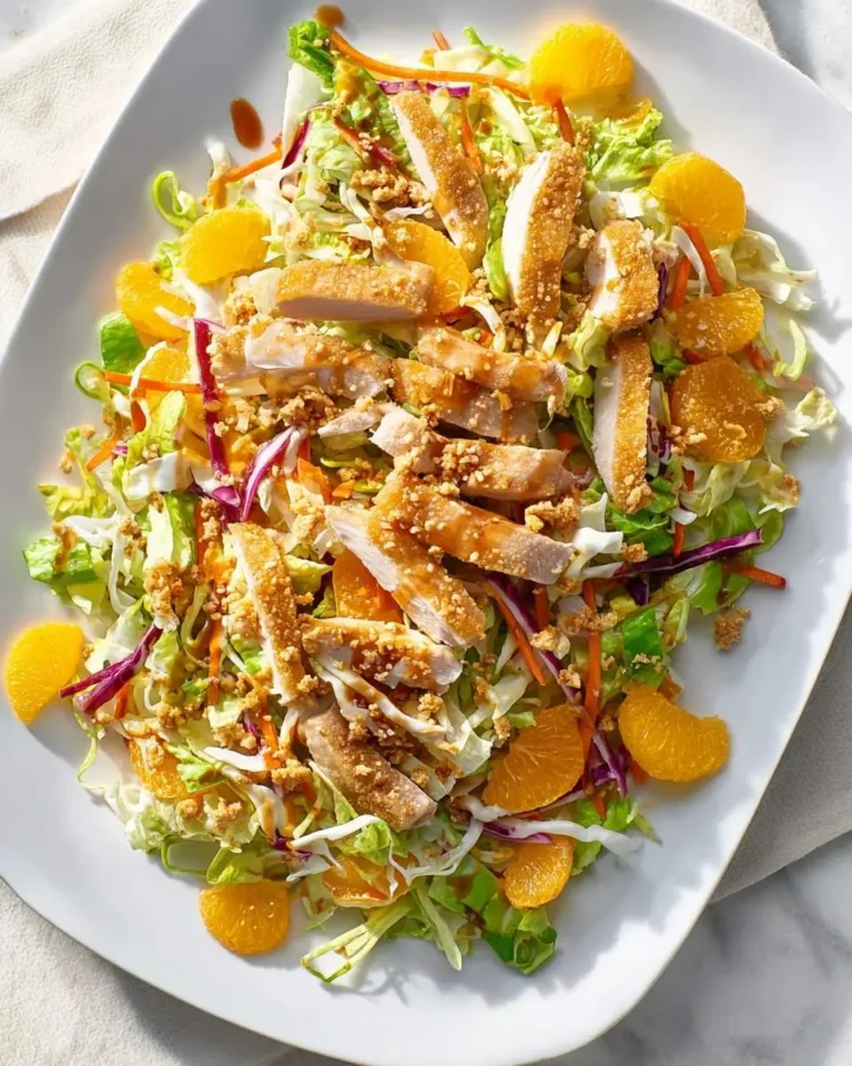 A colorful chinese chicken salad with crispy chicken, mandarin oranges, and fresh vegetables on a white plate.