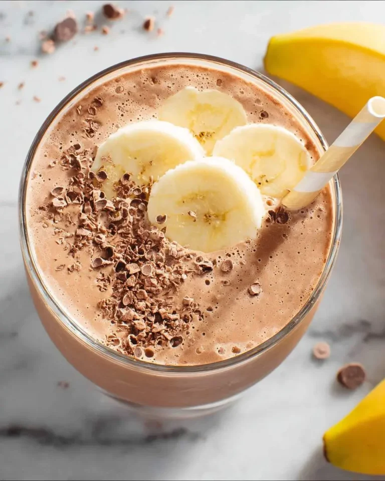 A close-up of a creamy chocolate banana smoothie in a glass, garnished with fresh banana slices, chocolate shavings, and a striped straw.