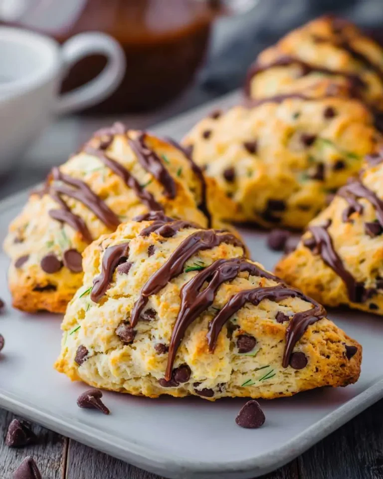 Golden-brown chocolate chip scones drizzled with melted chocolate, served on a white platter with scattered chocolate chips.