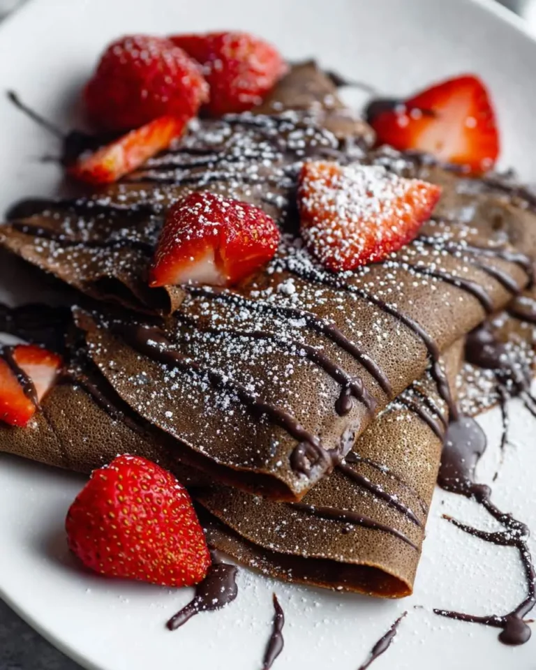 Chocolate crepes folded on a white plate, topped with fresh strawberries, drizzled chocolate sauce, and powdered sugar.