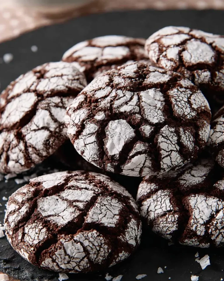A stack of chocolate crinkle cookies dusted with powdered sugar on a dark surface.