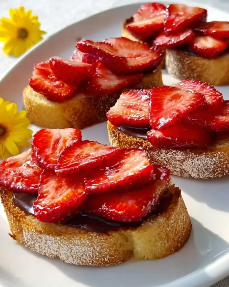 Close-up of delicious Chocolate Strawberry Bruschetta, featuring toasted bread topped with rich chocolate and fresh sliced strawberries.