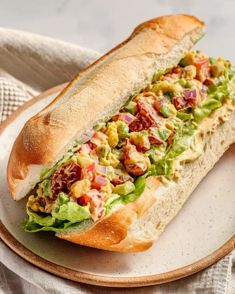 A vibrant Chopped Veggie Sandwich overflowing with fresh, colorful ingredients like avocado, tomato, and lettuce on a baguette.