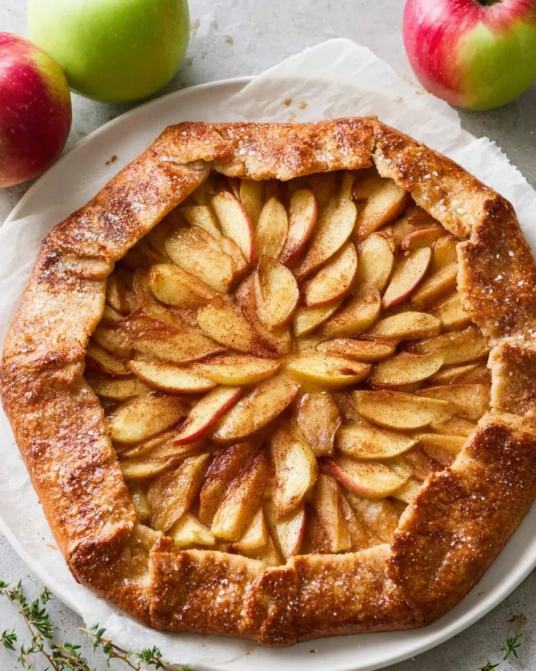 A rustic, golden-brown Cinnamon Apple Galette with sliced apples and cinnamon, served on a white plate with fresh apples in the background.